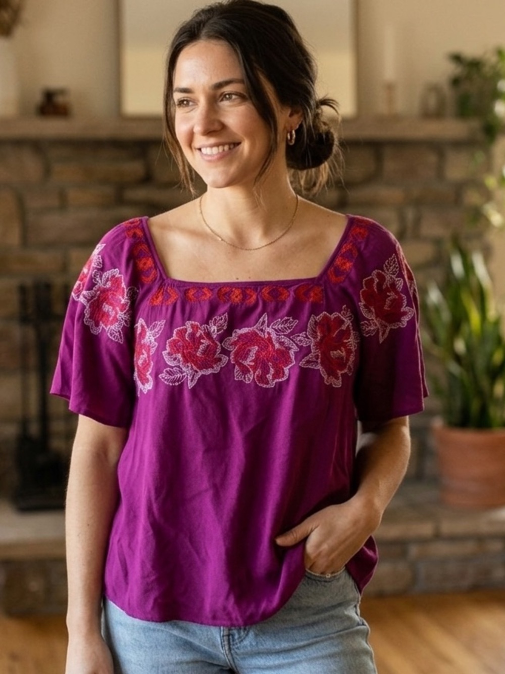 🚨Cloud Chaser Women's Floral Embroidered Top Fuchsia L